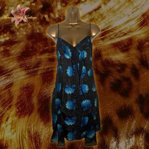 Vintage Lily of France Black & Blue Floral Sheer Panel Slip Dress